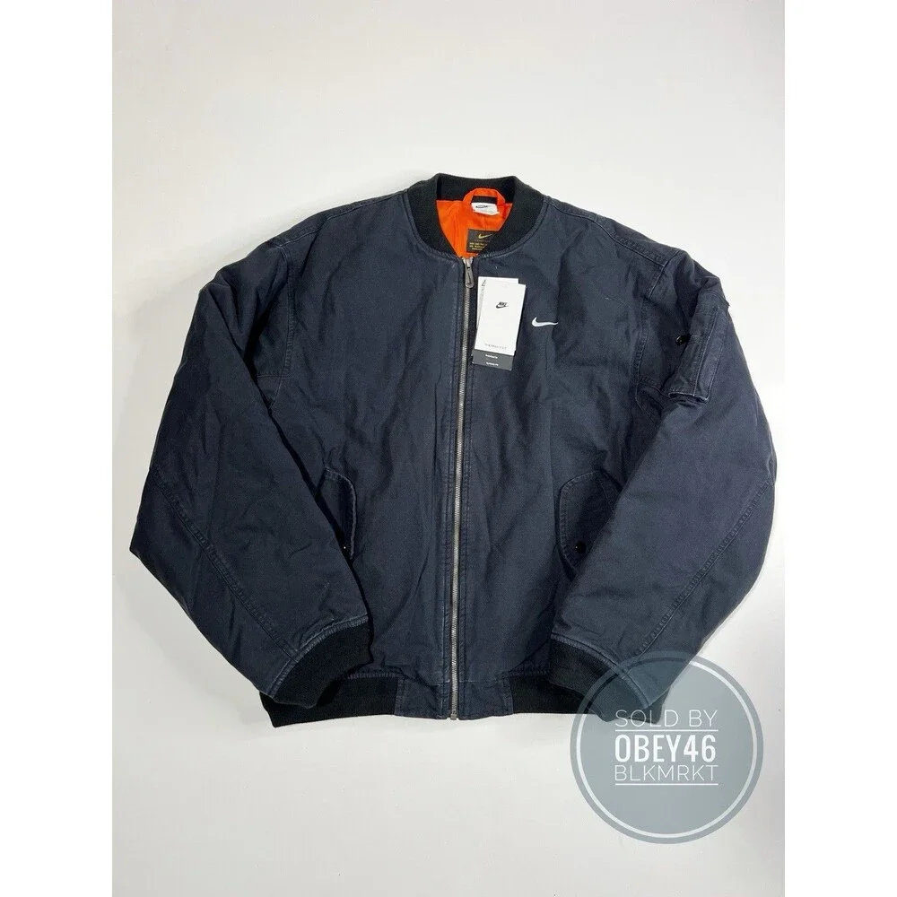 Nike Solo Swoosh Flight Bomber Jacket Black Canvas DX0680-010 Size M Oversized - Picture 3 of 8